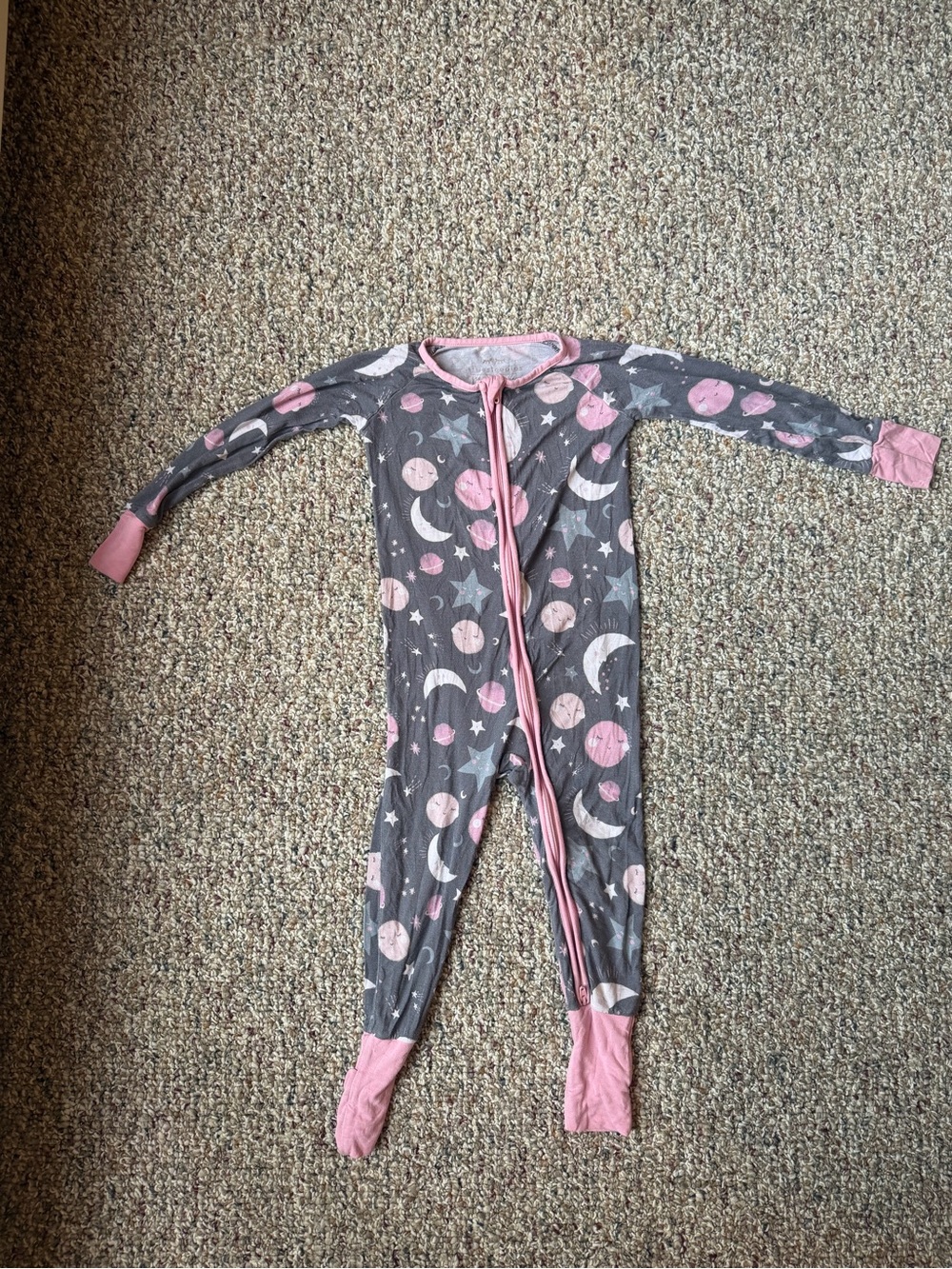 Little Sleepies Gray Footed Pajama One-Piece with Pink Moon & Stars